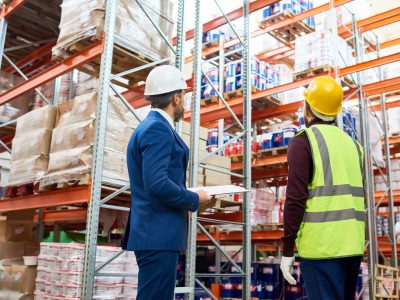 Workers in Warehouse Back view portrait of warehouse manager and worker in hardhats doing stock inventory in warehouse, looking up at tall shelves with goods